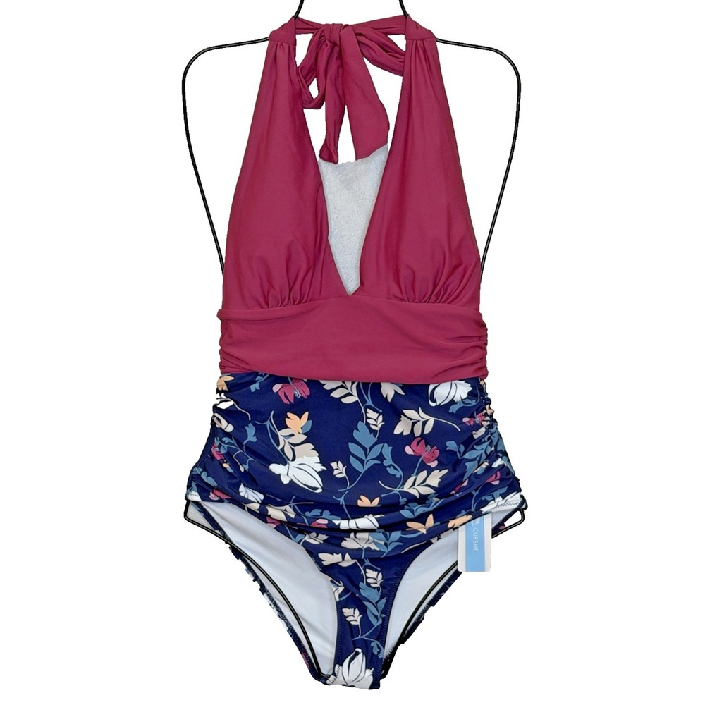 Cupshe One Piece Swimsuit Womens Size Small Maroon Floral Ruched‎ Sides NEW